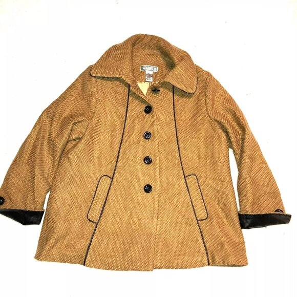 SIMONTON SAYS Jackets & Blazers - VTG TAN BLACK SWING COAT SZ L FAUX LEATHER TRIM SIMONTON SAYS CAR COAT WOMENS